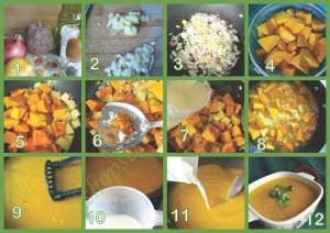 1 - Ingredients 2 - Chop onion and garlic 3 - Fry garlic, ginger, onion 4 - Peel and cut up butternut 5 - Add butternut and potato to pot 6 - Add seasoning 7 - Add stock 8 - Allow to simmer 9 - Mash the butternut  mixture in the pot 10 - Mix the starch 11 - Pour in the starch, stirring constantly 12 - Pour into a big serving dish